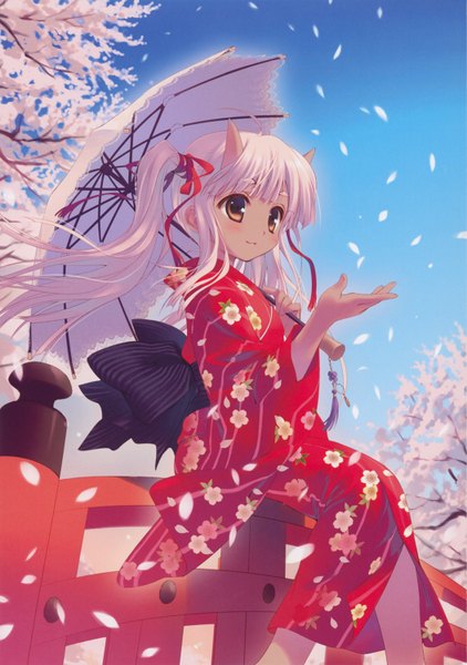 Anime picture 1054x1500 with santa matsuri long hair tall image blush sitting twintails brown eyes white hair traditional clothes japanese clothes horn (horns) light smile cherry blossoms demon girl girl flower (flowers) bow petals kimono umbrella