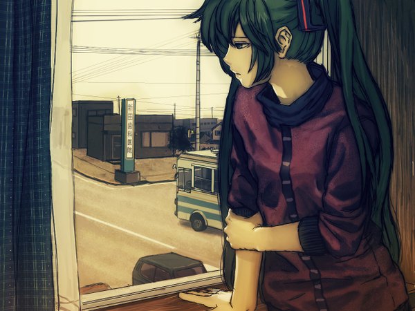 Anime picture 1240x930 with vocaloid hatsune miku horuda single twintails aqua eyes aqua hair sad girl window ground vehicle car power lines bus