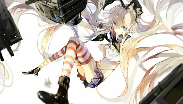 Anime picture 1000x570 with kantai collection shimakaze destroyer rensouhou-chan yi chuan single fringe blue eyes light erotic blonde hair wide image bent knee (knees) very long hair pleated skirt from above bare belly knees touching falling girl thighhighs skirt