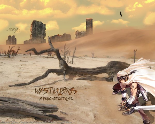 Anime picture 1280x1024 with war of genesis 3 saladin kim hyung tae shinn single short hair brown hair signed sky cloud (clouds) ponytail black eyes inscription tattoo wallpaper muscle third-party edit sand bare tree ruins
