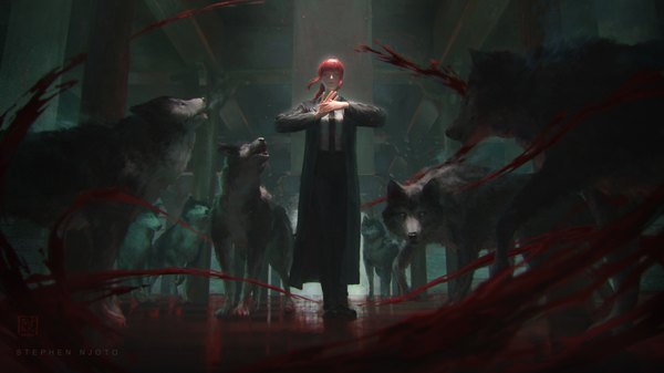 Anime picture 4961x2790 with chainsaw man mappa makima (chainsaw man) stephen njoto single long hair looking at viewer highres wide image standing yellow eyes payot absurdres full body red hair realistic girl animal necktie blood