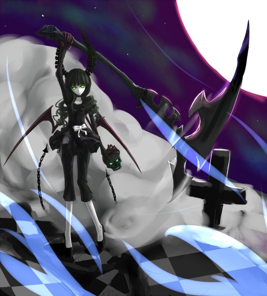 Anime picture 1600x1772 with black rock shooter dead master single long hair tall image black hair green eyes night drill hair smoke checkered floor girl weapon wings moon cross skull scythe