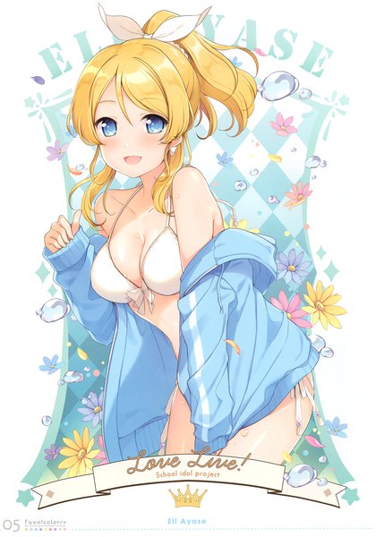 Anime picture 2389x3416 with love live! school idol project sunrise (studio) love live! ayase eli 6u (eternal land) single tall image looking at viewer blush highres short hair breasts open mouth blue eyes light erotic blonde hair ponytail off shoulder copyright name character names