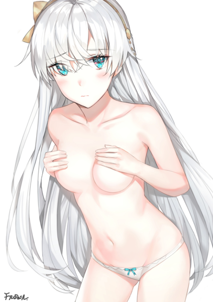 Anime picture 599x847 with fate (series) fate/grand order anastasia (fate) wanderer (artist) single long hair tall image looking at viewer blush fringe light erotic simple background hair between eyes standing white background signed payot silver hair aqua eyes underwear only