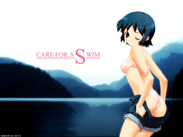 Anime picture 1024x768 with routes leaf (studio) fushimi yukari short hair blue eyes light erotic blue hair braid (braids) one eye closed wink twin braids lake underwear panties lingerie bra pink panties pink bra