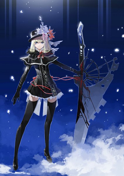 Anime picture 827x1169 with original justminor single long hair tall image looking at viewer blue eyes blonde hair standing zettai ryouiki girl thighhighs skirt flower (flowers) weapon black thighhighs hat huge weapon