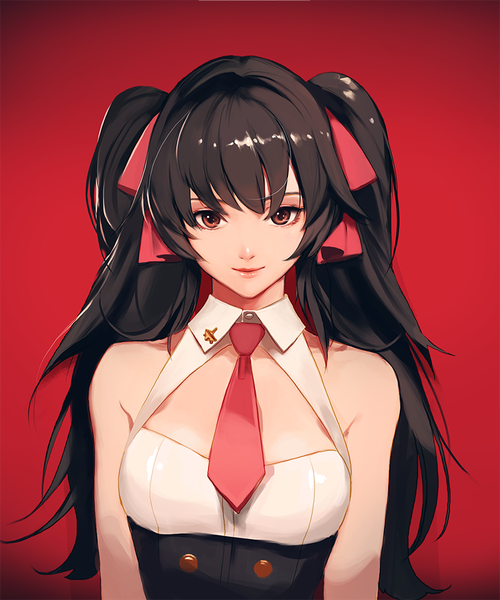 Anime picture 800x960 with girls frontline qbz-97 (girls frontline) takssmask single long hair tall image looking at viewer fringe breasts black hair simple background smile hair between eyes bare shoulders brown eyes payot upper body lips realistic two side up