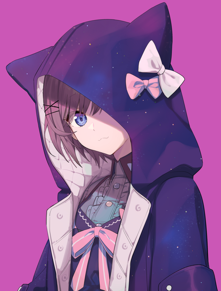 Anime picture 1156x1521 with virtual youtuber nijisanji suzuhara lulu syhan single tall image looking at viewer fringe short hair blue eyes simple background brown hair upper body head tilt open clothes pink background :3 animal hood covering eye (eyes) girl