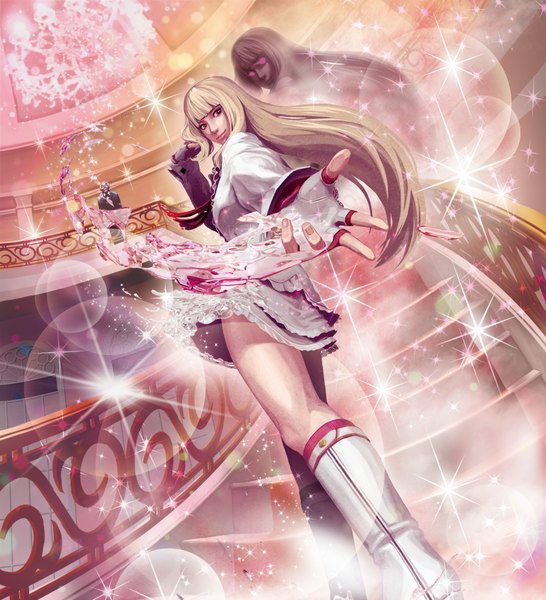 Anime picture 3152x3467 with tekken namco (studio) emilie de rochefort long hair tall image looking at viewer highres blonde hair smile standing absurdres grey eyes butler girl boy skirt gloves water glasses boots