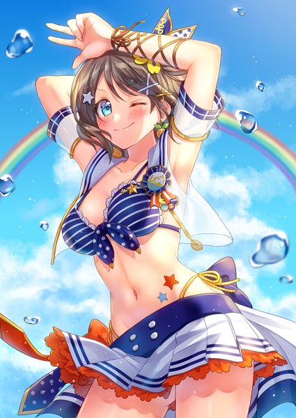 Anime picture 1085x1533 with love live! sunshine!! sunrise (studio) love live! watanabe you hoshisakura (starblossom) single tall image looking at viewer blush short hair breasts blue eyes light erotic smile large breasts sky cloud (clouds) outdoors pleated skirt one eye closed