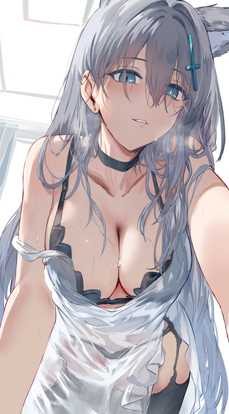 Anime picture 4961x8963 with blue archive shiroko (blue archive) shiroko terror (blue archive) hews single long hair tall image looking at viewer fringe highres breasts blue eyes light erotic hair between eyes large breasts animal ears absurdres silver hair indoors parted lips