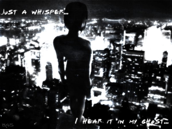Anime picture 1600x1200 with ghost in the shell production i.g kusanagi motoko shirou masamune short hair standing nude inscription city monochrome cityscape city lights girl