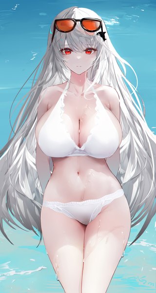 Anime picture 3200x6000 with arknights skadi (arknights) omone hokoma agm single long hair tall image looking at viewer fringe highres breasts light erotic hair between eyes red eyes standing absurdres cleavage silver hair outdoors wet huge breasts