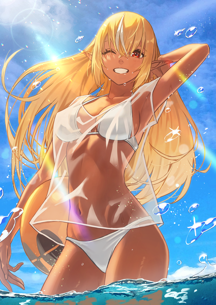 Anime picture 2580x3643 with virtual youtuber hololive shiranui flare kintsuba (shiranui flare) hara kenshi single long hair tall image looking at viewer blush fringe highres breasts light erotic blonde hair smile hair between eyes red eyes large breasts standing