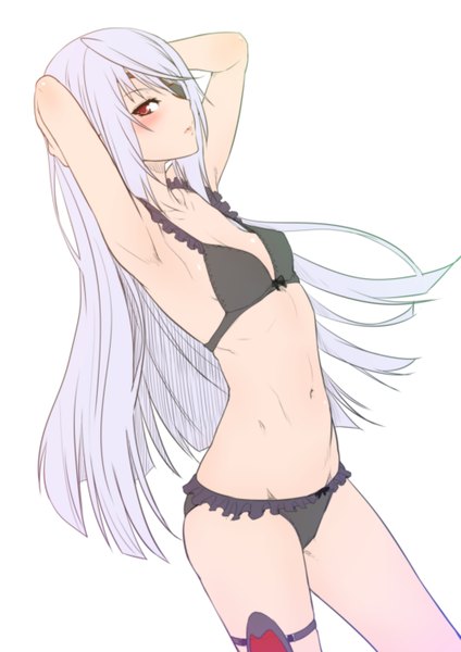 Anime picture 1000x1414 with infinite stratos 8bit laura bodewig zucchini single long hair tall image looking at viewer blush fringe light erotic red eyes standing white background bare shoulders profile grey hair bare belly bare legs armpit (armpits)