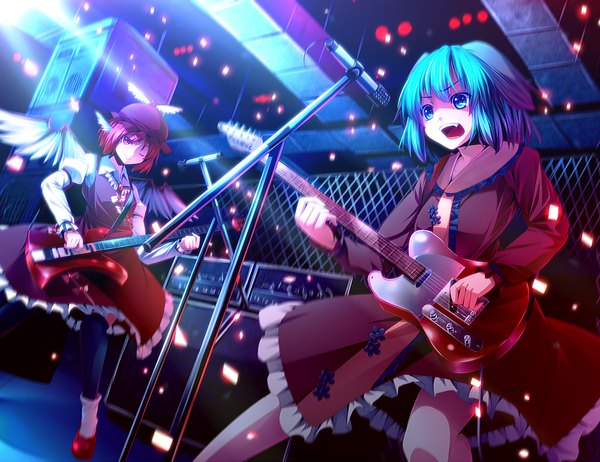 Anime picture 1000x771 with touhou mystia lorelei kasodani kyouko ryosios short hair open mouth blue eyes red eyes multiple girls blue hair red hair girl dress 2 girls hat wings guitar microphone stand