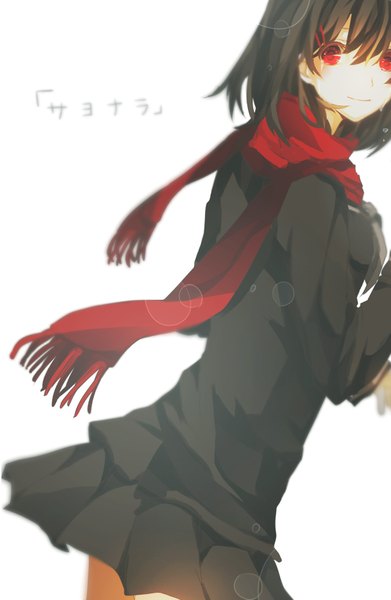 Anime picture 1185x1817 with kagerou project shaft (studio) tateyama ayano asukichi single tall image looking at viewer short hair black hair simple background red eyes signed long sleeves pleated skirt light smile tears girl skirt scarf