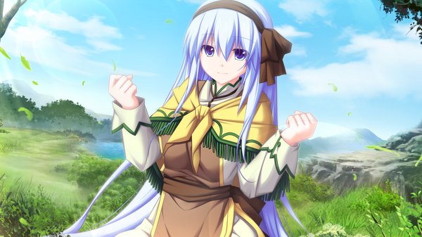 Anime picture 1024x576 with soukoku no arterial single long hair blue eyes wide image game cg cloud (clouds) white hair mountain girl plant (plants) hairband leaf (leaves) grass