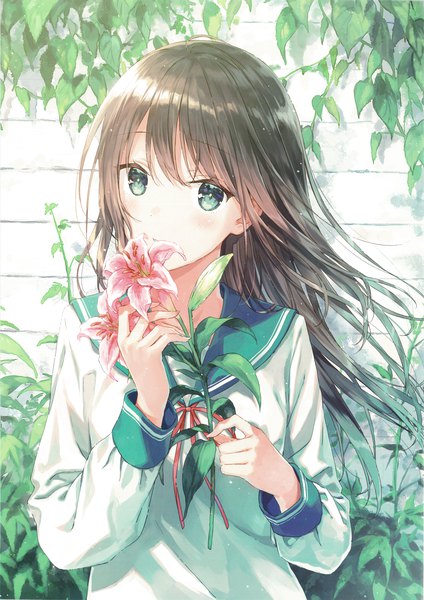 Anime picture 4281x6051 with original hiten (hitenkei) single long hair tall image looking at viewer blush fringe highres hair between eyes brown hair holding green eyes absurdres parted lips wind scan girl uniform flower (flowers)