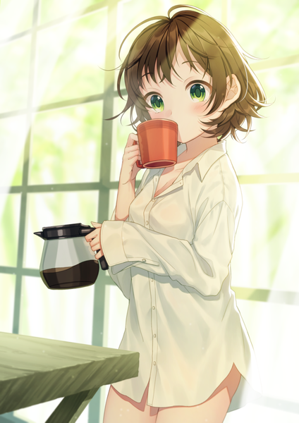 Anime picture 1000x1414 with original warabimochi kinako single tall image looking at viewer blush short hair light erotic smile brown hair holding green eyes sunlight sleeves past wrists open collar messy hair naked shirt girl shirt white shirt