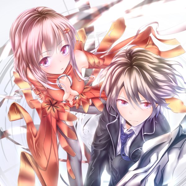 Anime picture 1800x1800 with guilty crown production i.g yuzuriha inori ouma shu wingheart long hair looking at viewer blush highres short hair breasts light erotic black hair red eyes bare shoulders pink hair couple looking up girl boy