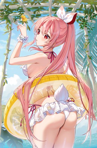 Anime picture 900x1378 with virtual youtuber atelier live pinku (vtuber) rosuuri single long hair tall image blush fringe breasts light erotic hair between eyes red eyes standing signed payot pink hair sky cloud (clouds) outdoors