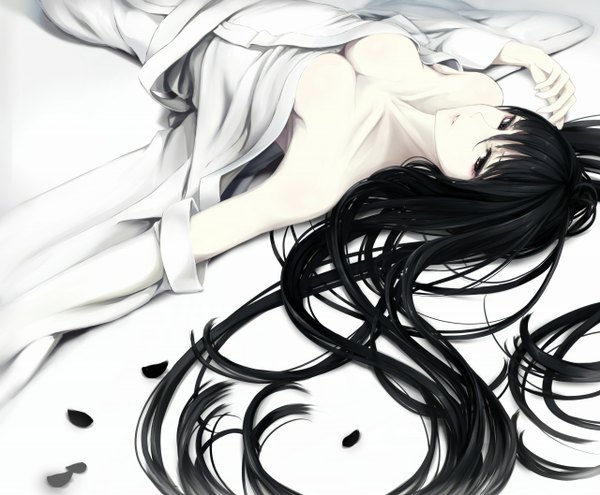 Anime picture 1280x1058 with original erise single long hair looking at viewer fringe breasts light erotic black hair lying black eyes on back white skin girl detached sleeves petals