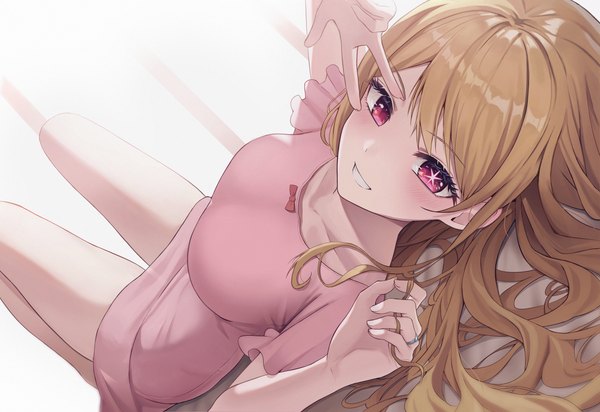 Anime picture 5961x4093 with oshi no ko hoshino ruby unneonal single long hair looking at viewer blush fringe highres breasts light erotic simple background blonde hair smile hair between eyes large breasts white background absurdres indoors lying