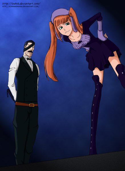 Anime picture 1095x1500 with bleach studio pierrot dokugamine riruka long hair tall image short hair black hair simple background twintails green eyes orange hair hands on hips girl thighhighs boy eyepatch vest suit mustache