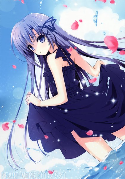 Anime picture 3053x4348 with suzuhira hiro single long hair tall image highres blue eyes blue hair absurdres sky cloud (clouds) girl dress petals water