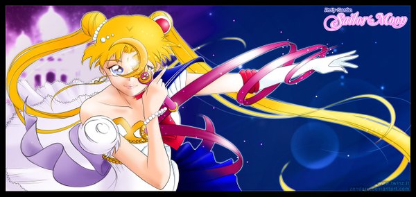 Anime picture 1280x607 with bishoujo senshi sailor moon toei animation tsukino usagi sailor moon zendaru (artist) single long hair looking at viewer blue eyes blonde hair smile wide image twintails bare shoulders holding pleated skirt lips hair bun (hair buns) outstretched arm girl