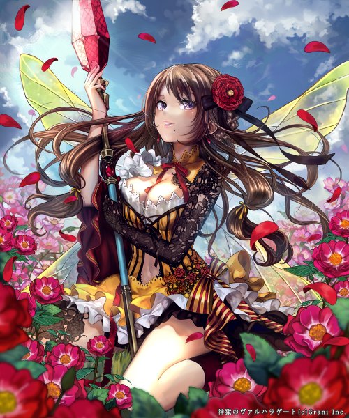 Anime picture 1000x1200 with shingoku no valhalla gate pisuke single long hair tall image looking at viewer blush breasts brown hair sitting purple eyes sky cloud (clouds) hair flower mole wariza mole under mouth insect wings girl dress