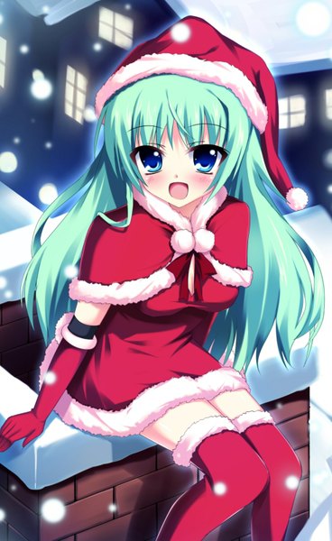 Anime picture 982x1601 with original raiou single long hair tall image blush open mouth blue eyes sitting :d from above aqua hair fur trim snowing christmas winter snow girl thighhighs gloves