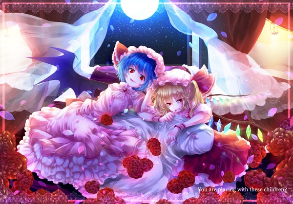 Anime picture 1800x1259 with touhou flandre scarlet remilia scarlet cube (maryquant) highres short hair open mouth blonde hair red eyes multiple girls blue hair teeth loli fang (fangs) finger to mouth girl dress flower (flowers) 2 girls petals