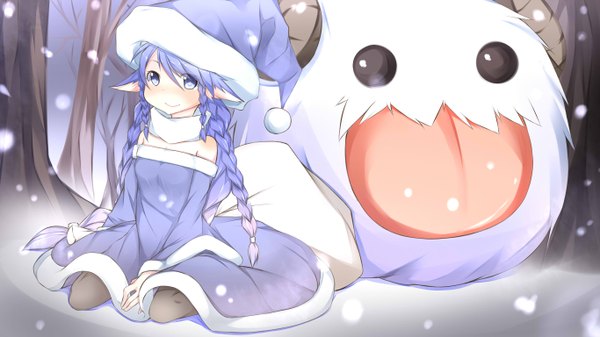 Anime picture 2732x1536 with league of legends lulu (league of legends) poro (league of legends) longba single long hair blush highres smile wide image purple eyes bare shoulders animal ears blue hair braid (braids) wind pointy ears off shoulder flat chest snowing