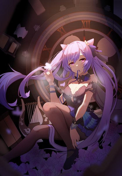 Anime picture 4874x6977 with genshin impact keqing (genshin impact) keqing (opulent splendor) (genshin impact) lao xi single long hair tall image looking at viewer fringe highres breasts light erotic hair between eyes sitting purple eyes twintails bare shoulders holding payot absurdres