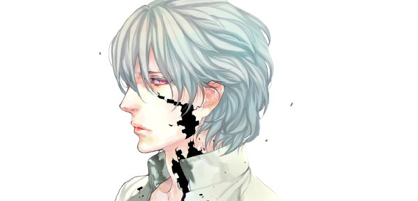 Anime picture 1200x576 with dramatical murder nitro+chiral clear (dmmd) npn single short hair simple background red eyes wide image white background profile grey hair boy