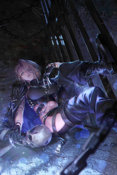 Anime-Bild 1000x1500 mit path to nowhere zoya (wuqi mitu) baraba baba single tall image looking at viewer fringe short hair breasts blue eyes light erotic large breasts sitting indoors parted lips grey hair blurry hair over one eye tattoo piercing