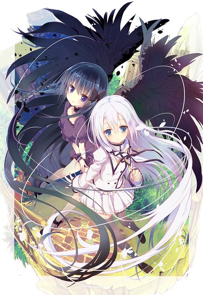 Anime picture 689x1000 with seirei tsukai no blade dance terminus est restia ashdoll nimura yuuji tall image looking at viewer blush fringe breasts blue eyes black hair smile hair between eyes purple eyes multiple girls silver hair full body very long hair pleated skirt from above