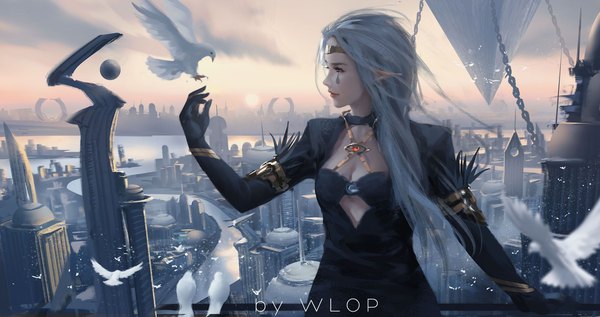 Anime picture 2167x1145 with original wlop single long hair fringe highres breasts wide image signed looking away sky cleavage silver hair cloud (clouds) profile arm up pointy ears arm support tattoo lipstick