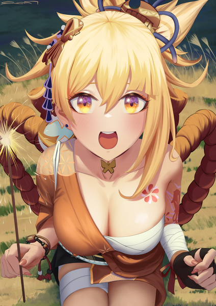 Anime picture 1052x1488 with genshin impact yoimiya (genshin impact) echt single tall image blush fringe short hair breasts open mouth light erotic blonde hair hair between eyes large breasts sitting yellow eyes cleavage nail polish traditional clothes japanese clothes