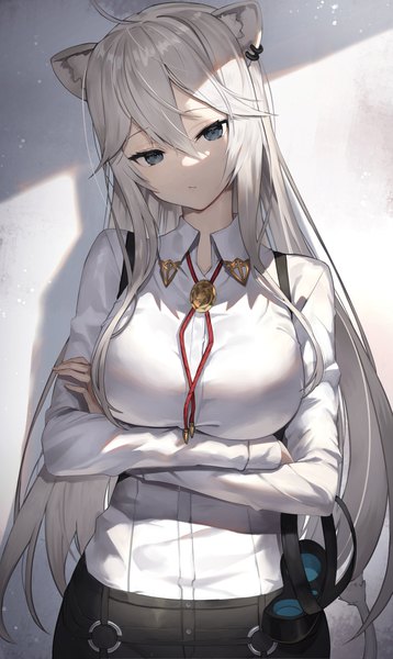 Anime picture 1808x3026 with virtual youtuber hololive shishiro botan shishiro botan (3rd costume) scottie (phantom2) single long hair tall image looking at viewer fringe highres breasts blue eyes simple background hair between eyes large breasts white background holding animal ears silver hair