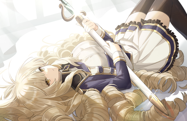 Anime picture 2075x1344 with kage no jitsuryokusha ni naritakute! rose oriana cac pp single long hair fringe highres breasts simple background blonde hair holding yellow eyes payot bent knee (knees) indoors lying long sleeves parted lips pleated skirt sunlight