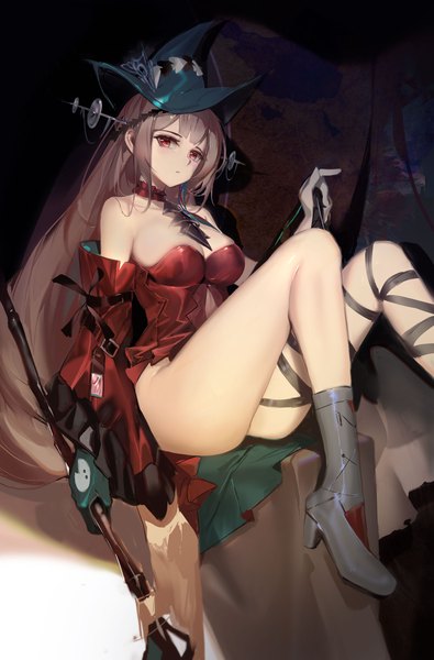 Anime picture 1974x3000 with arknights skadi (arknights) skadi the corrupting heart (arknights) rabbit (tukenitian) single tall image looking at viewer blush fringe highres breasts light erotic red eyes large breasts sitting bare shoulders holding bent knee (knees) blunt bangs very long hair