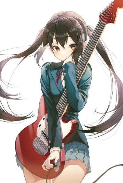Anime picture 1891x2807 with k-on! kyoto animation nakano azusa peulopi single long hair tall image looking at viewer blush fringe highres black hair simple background smile hair between eyes standing white background twintails holding brown eyes