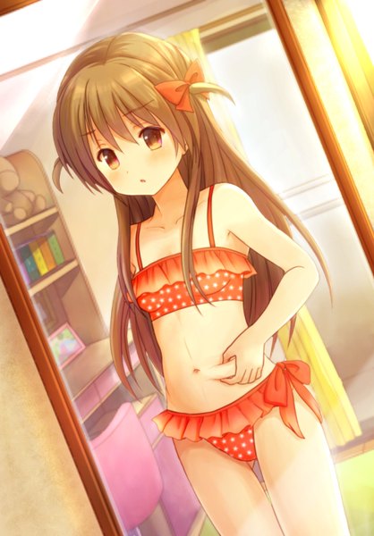 Anime picture 976x1400 with original eijima moko single long hair tall image blush fringe open mouth light erotic brown hair brown eyes bare belly two side up plump girl navel bow swimsuit hair bow bikini