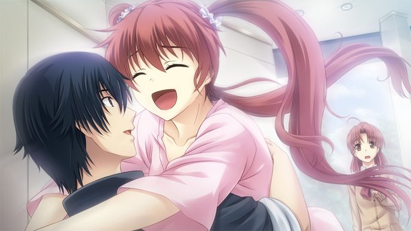 Anime picture 1024x576 with tokyo babel long hair short hair open mouth black hair wide image multiple girls game cg red hair eyes closed girl boy 2 girls