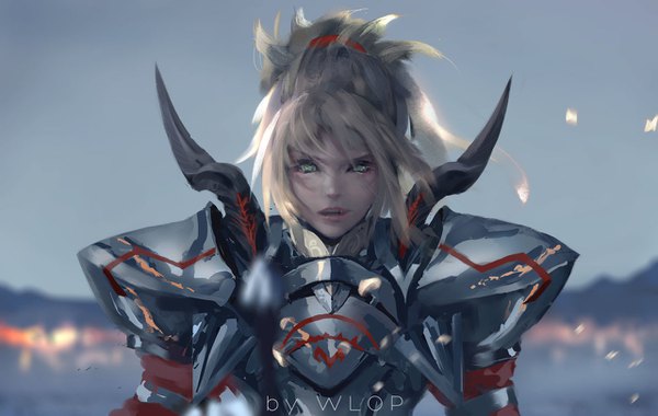 Anime picture 1280x812 with fate (series) fate/grand order mordred (fate) wlop single looking at viewer blonde hair green eyes parted lips wind lips blurry light girl armor
