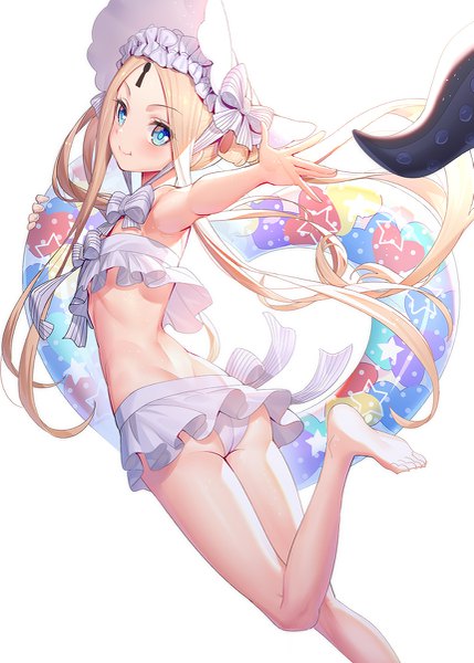 Anime picture 859x1200 with fate (series) fate/grand order abigail williams (fate) abigail williams (swimsuit foreigner) (fate) ririko (zhuoyandesailaer) single long hair tall image looking at viewer blush fringe blue eyes light erotic simple background blonde hair smile standing white background holding payot