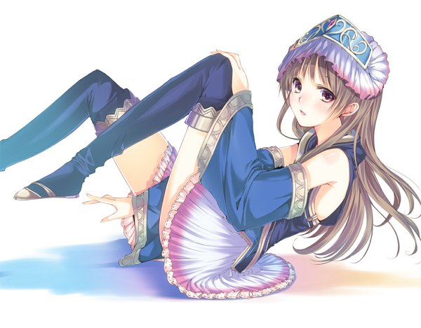 Anime picture 1125x879 with atelier (series) gust (company) totooria helmold minase yuu single long hair simple background brown hair white background bent knee (knees) black eyes leg lift (legs lift) between legs hand on knee girl thighhighs black thighhighs detached sleeves headdress